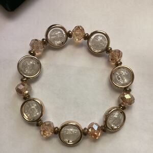 1740 NIB Glamorous Gold Sun Catcher Crystal-Like Bracelet Clear & Pink Beads